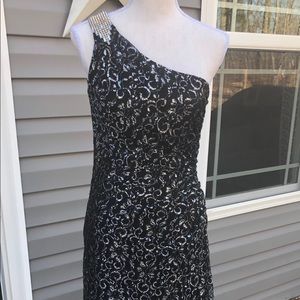 Calvin Klein one-shoulder black glitter lace dress